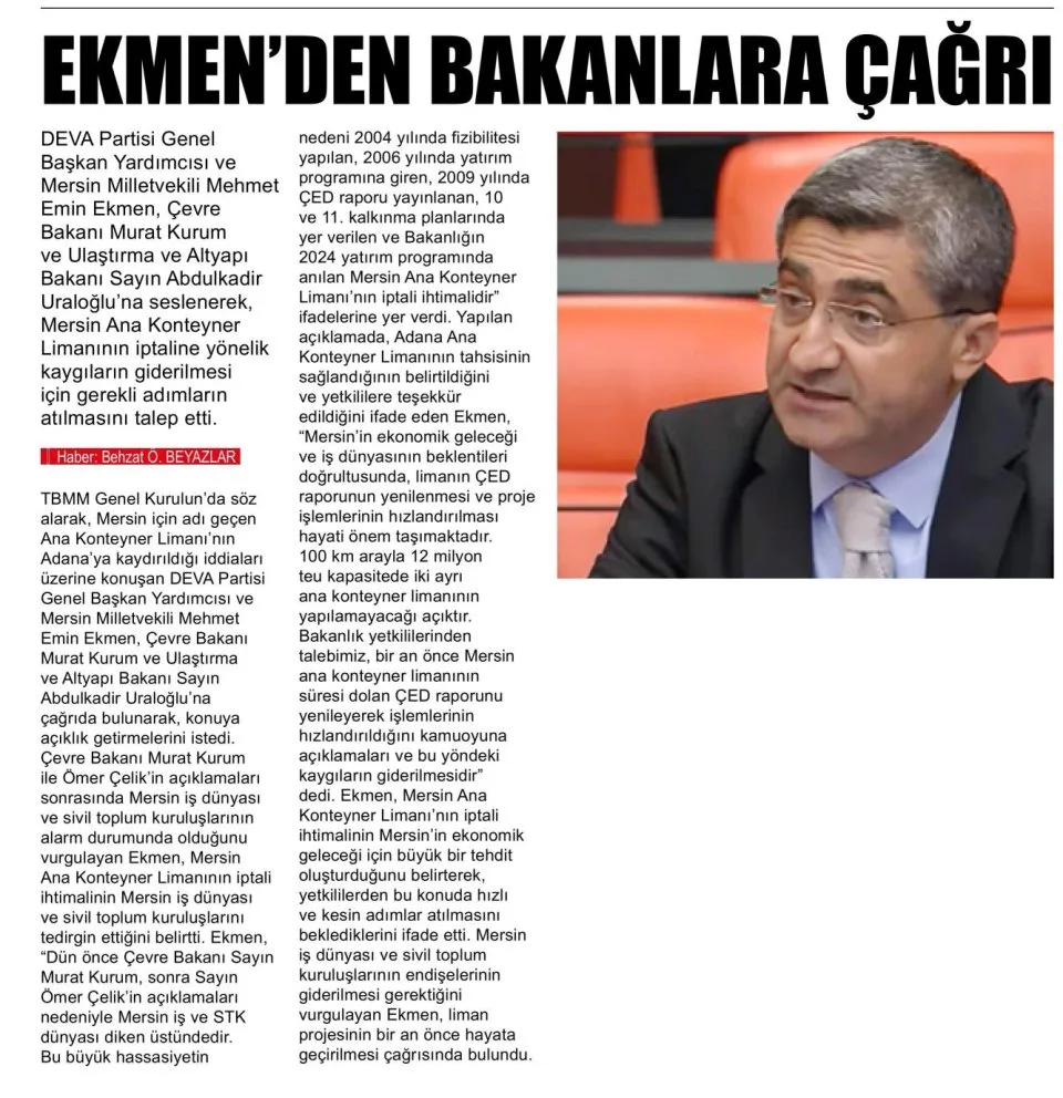 EKMENDEN BAKANLARA ÇAĞRI — gazete kupürü
