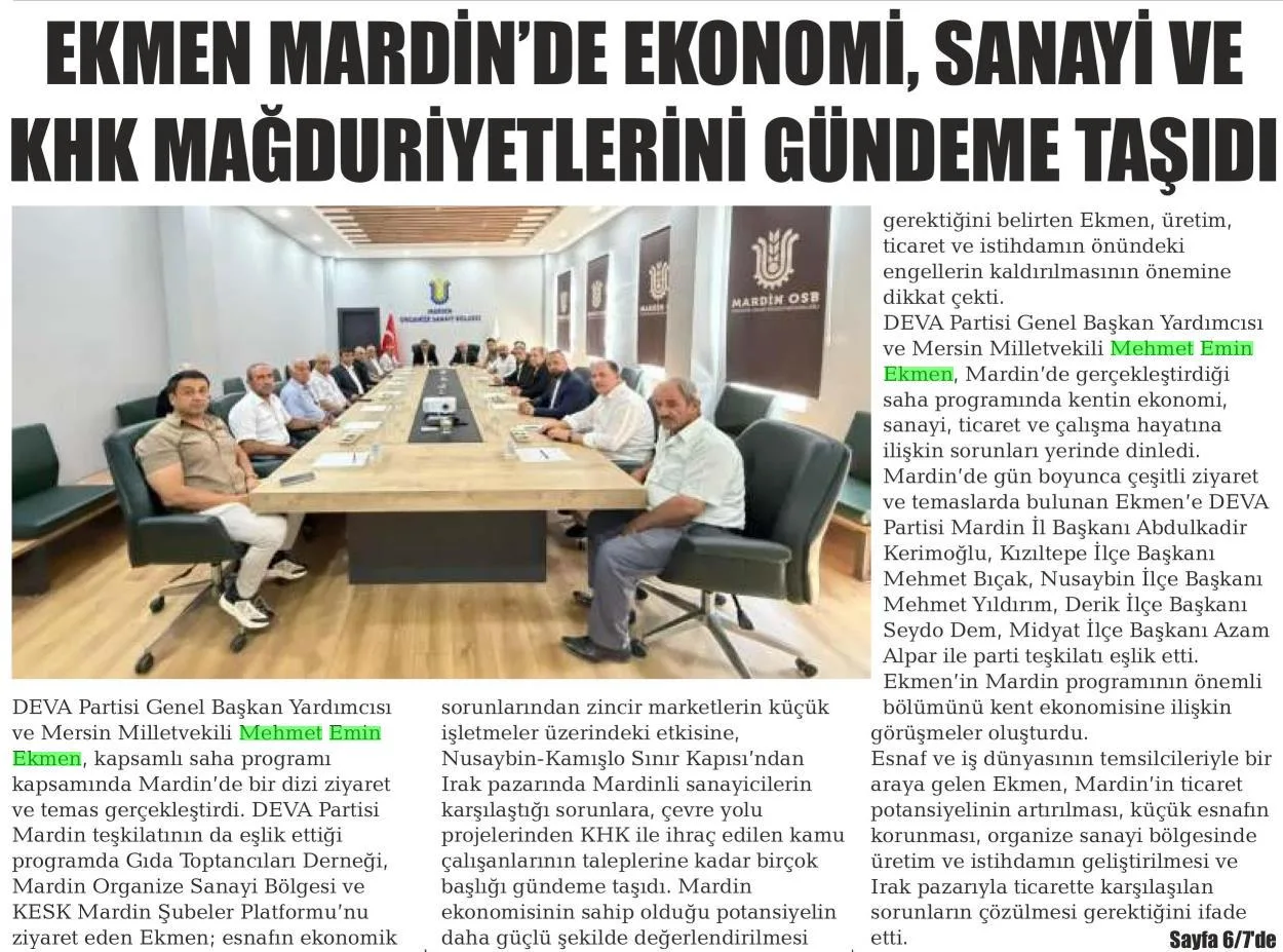 EKMEN MARDİN'DE EKONOMİ, SANAYİ VE KHK MAĞDURİYETLERİNİ GÜNDEME TAŞIDI — gazete kupürü