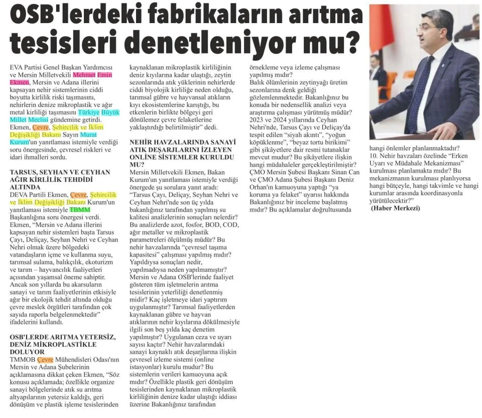 OSB LERDEKİ FABRİKALARIN ARITMA TESİSLERİ DENETLENİYOR MU — gazete kupürü