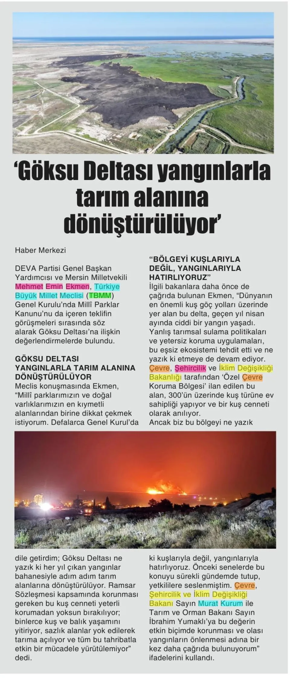 'GÖKSU DELTASI YANGINLARLA TARIM ALANINA DÖNÜŞTÜRÜLÜYOR' — gazete kupürü