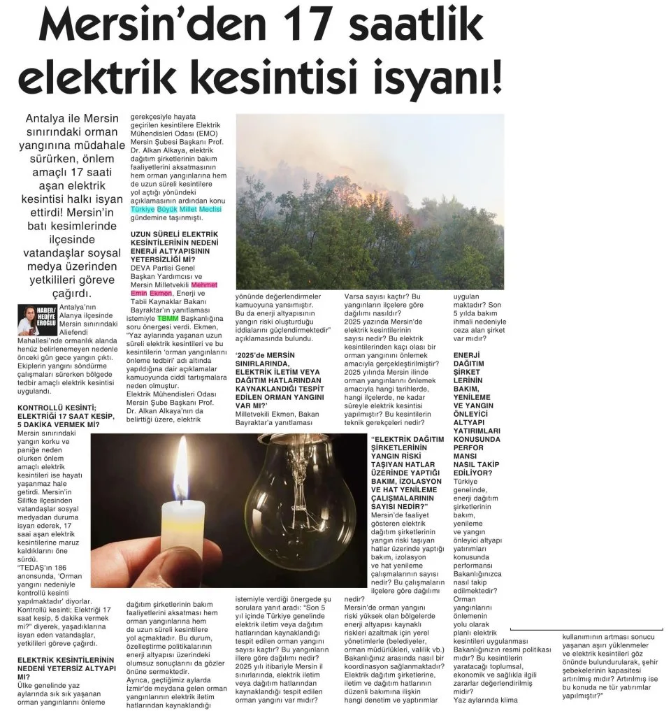 MERSİN'DEN 17 SAATLİK ELEKTRİK KESİNTİSİ İSYANI — gazete kupürü