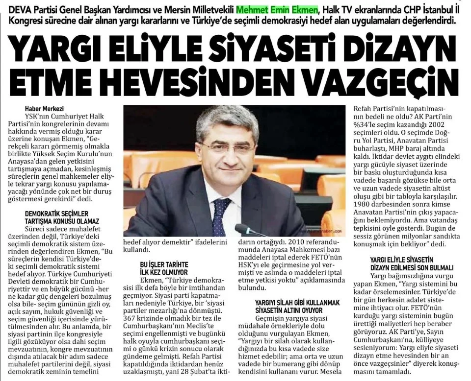 ''YARGI ELİYLE SİYASETİ DİZAYN ETME HEVESİNDEN VAZGEÇİN" — gazete kupürü
