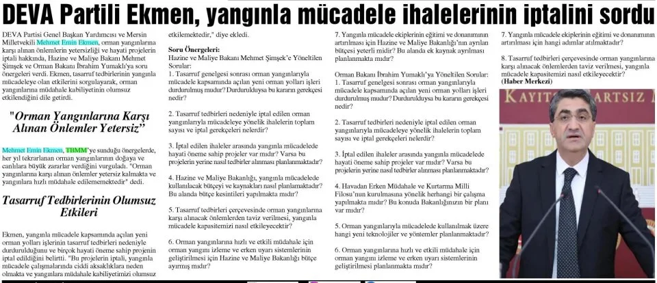 DEVA PARTİLİ EKMEN, YANGINLA MÜCADELE İHALELERİNİN İPTALİNİ SORDU — gazete kupürü