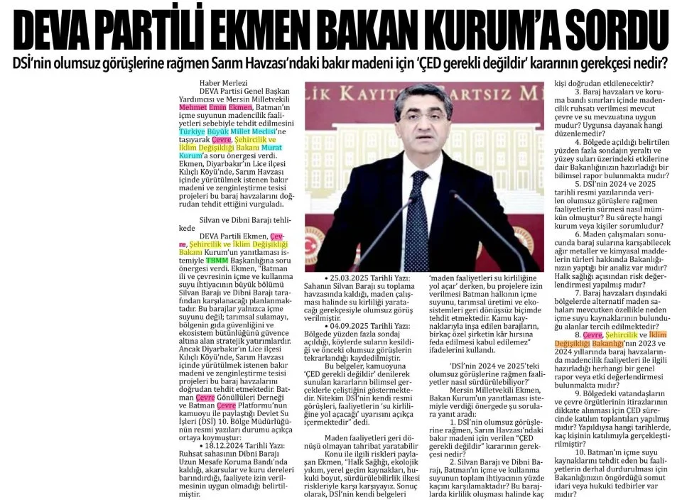DEVA PARTİLİ EKMEN BAKAN KURUM'A SORDU — gazete kupürü