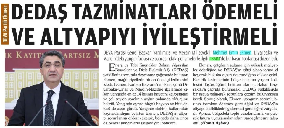 DEDAŞ TAZMİNATLARI ÖDEMELİ VE ALTYAPIYI İYİLEŞTİRMELİ — gazete kupürü