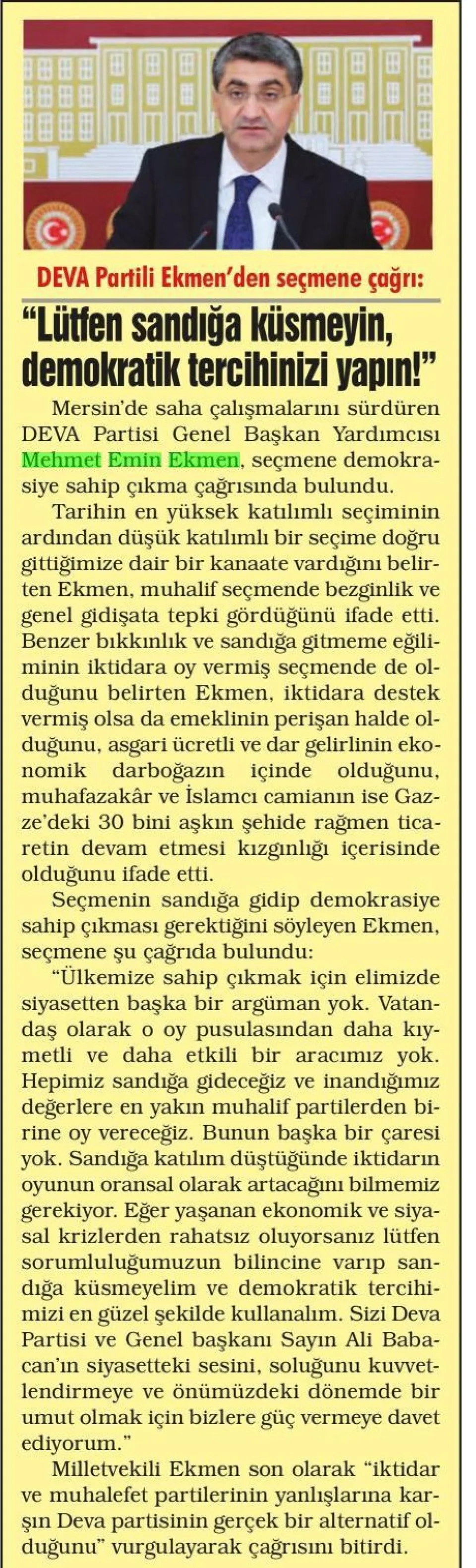 DEVA PARTİLİ EKMEN'DEN SEÇMENE ÇAĞRI — gazete kupürü