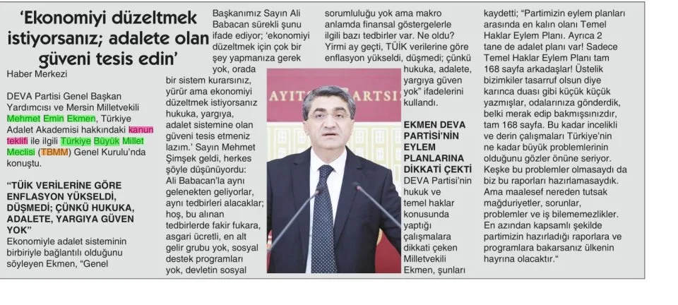 'EKONOMİYİ DÜZELTMEK İSTİYORSANIZ; ADALETE OLAN GÜVENİ TESİS EDİN' — gazete kupürü