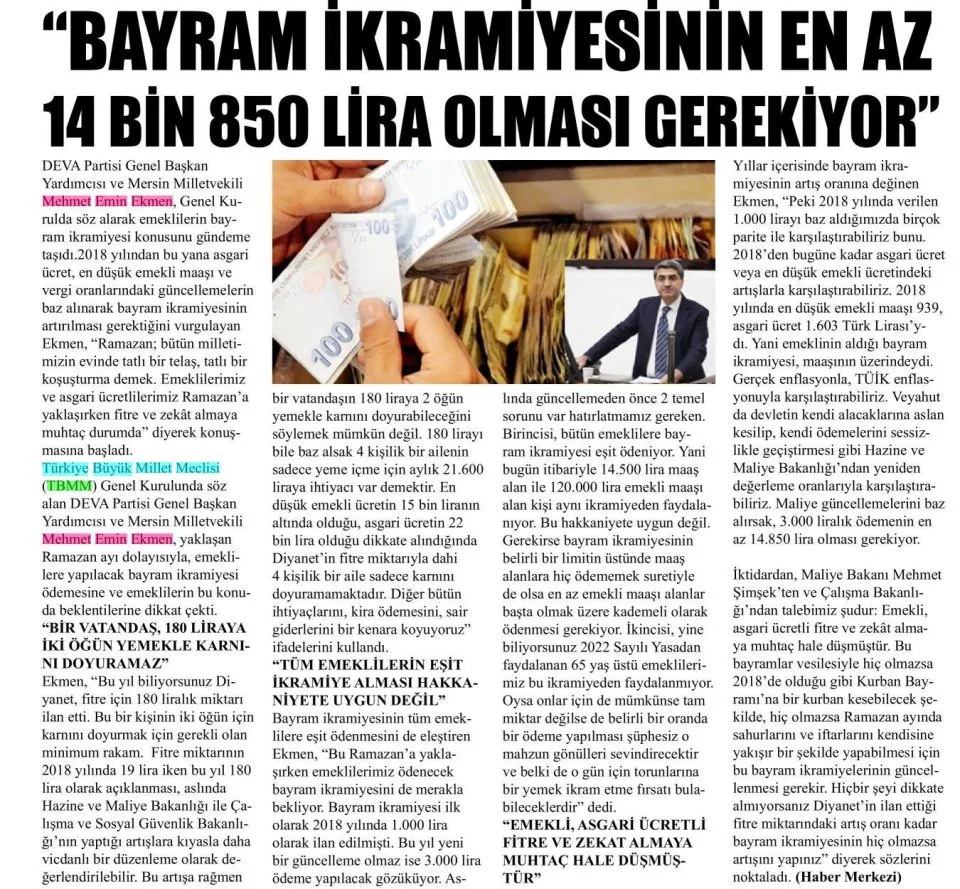 "BAYRAM İKRAMİYESİNİN EN AZ 14 BİN 850 LİRA OLMASI GEREKİYOR" — gazete kupürü