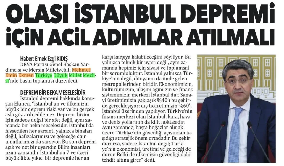 OLASI İSTANBUL DEPREMİ İÇİN ACİL ADIMLAR ATILMALI — gazete kupürü
