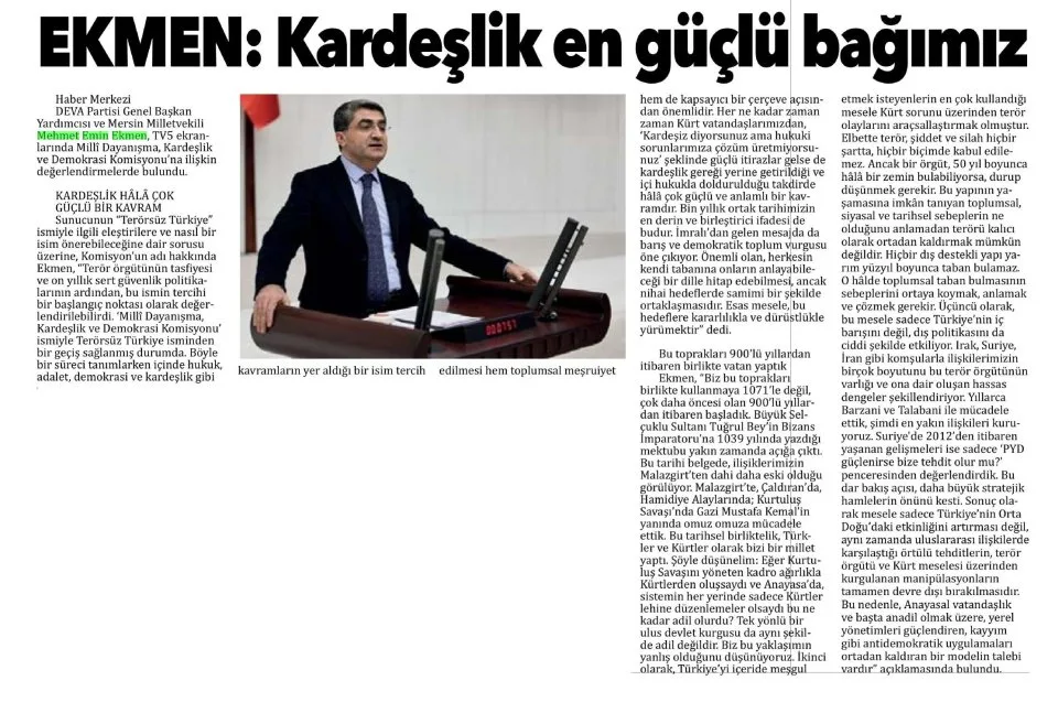 EKMEN: KARDEŞLİK EN GÜÇLÜ BAĞIMIZ — gazete kupürü