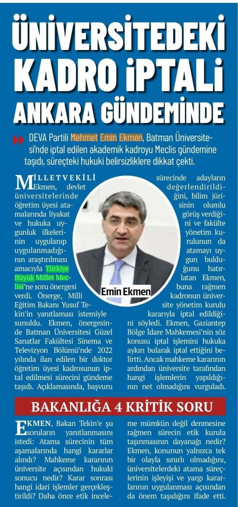 ÜNİVERSİTEDEKİ KADRO İPTALİ ANKARA GÜNDEMİNDE — gazete kupürü