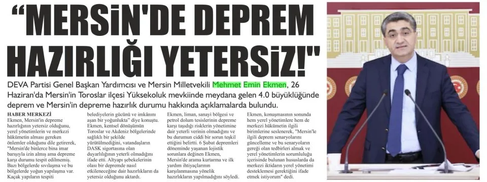 MERSİNDE DEPREM HAZIRLIĞI YETERSİZ!" — gazete kupürü