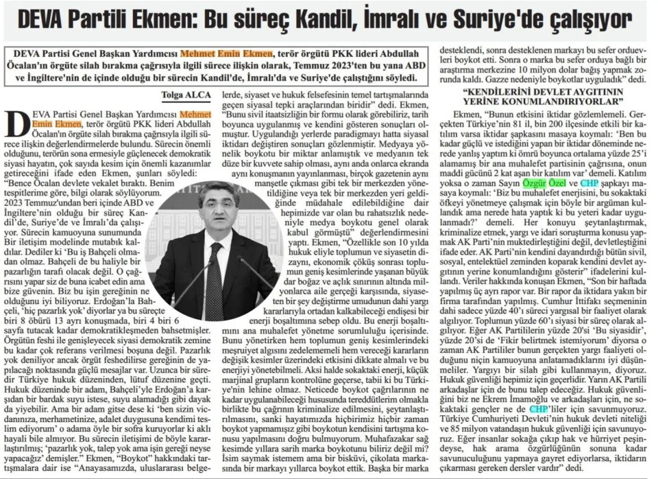 DEVA PARTİLİ EKMEN: BU SÜREÇ KANDİL, İMRALI VE SURİYE'DE ÇALIŞIYOR — gazete kupürü