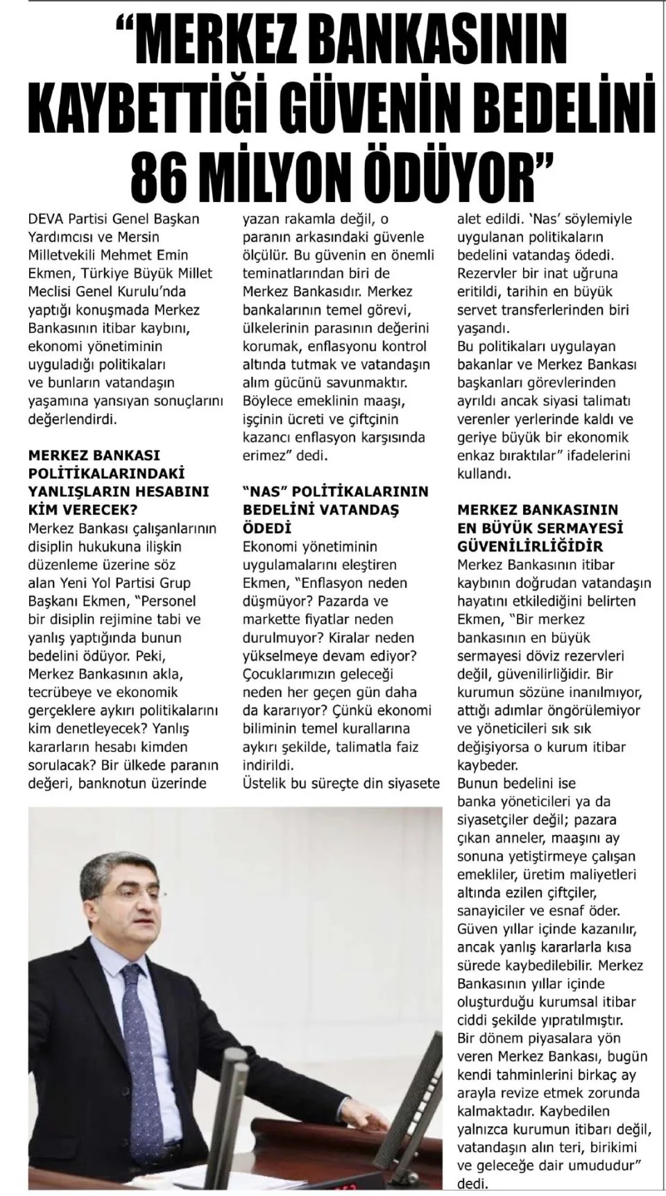 "MERKEZ BANKASININ KAYBETTİĞİ GÜVENİN BEDELİNİ 86 MİLYON ÖDÜYOR" — gazete kupürü