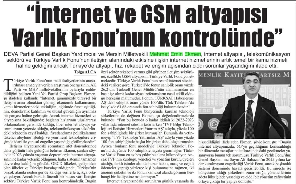 "INTERNET VE GSM ALTYAPISI VARLIK FONUNUN KONTROLÜNDE" — gazete kupürü