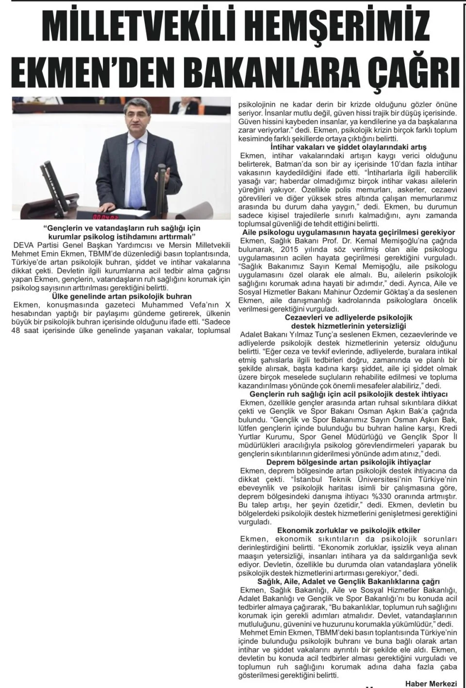MİLLETVEKİLİ HEMŞERİMİZ EKMEN' DEN BAKANLARA ÇAĞRI — gazete kupürü