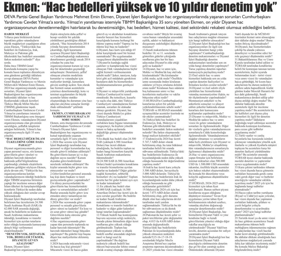 HAC BEDELLERİ YÜKSEK VE DENETİM YOK! — gazete kupürü