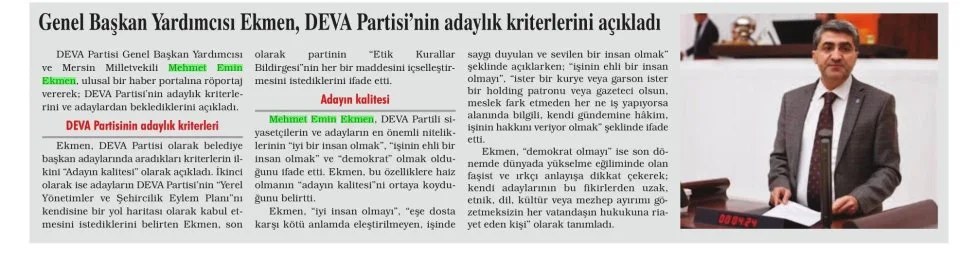 GENEL BAŞKAN YARDIMCISI EKMEN, DEVA PARTİSİ'NİN ADAYLIK KRİTERLERİNİ AÇIKLADI — gazete kupürü