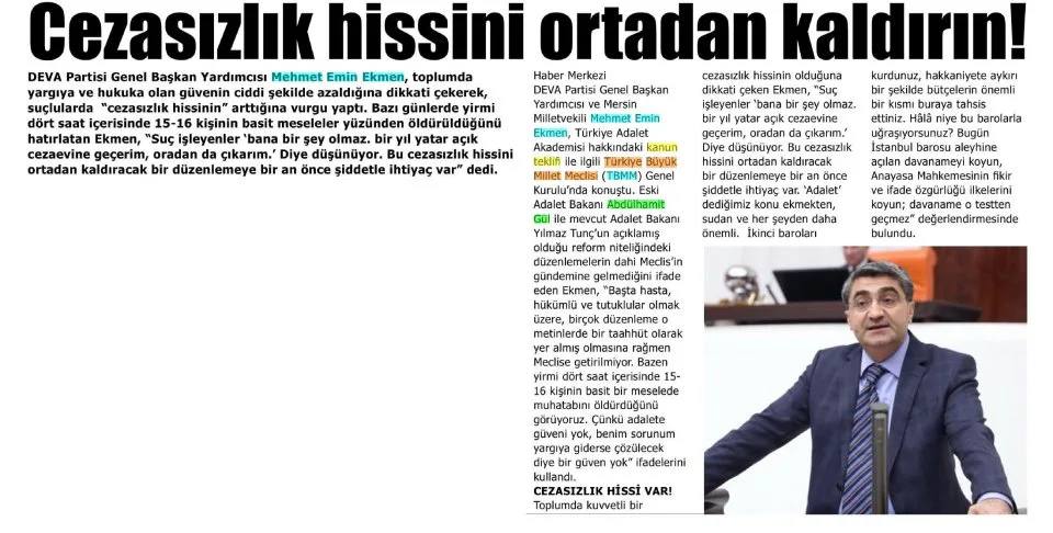 CEZASIZLIK HİSSİNİ ORTADAN KALDIRIN! — gazete kupürü