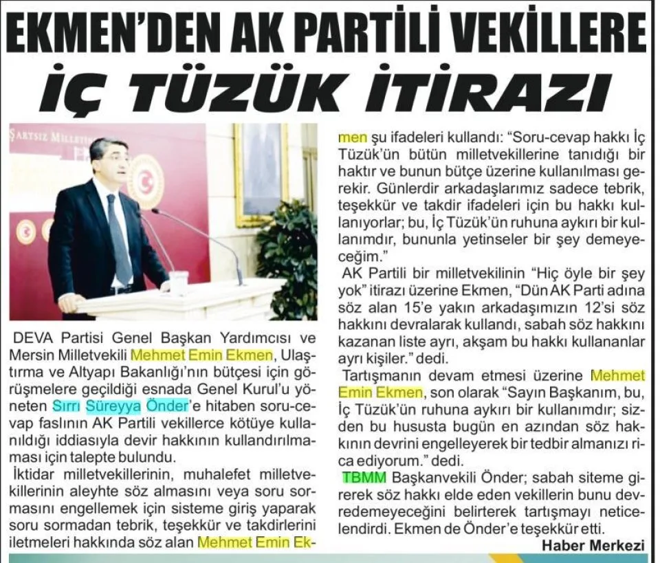 EKMENDEN AK PARTİLİ VEKİLLERE İÇ TÜZÜK İTİRAZI — gazete kupürü