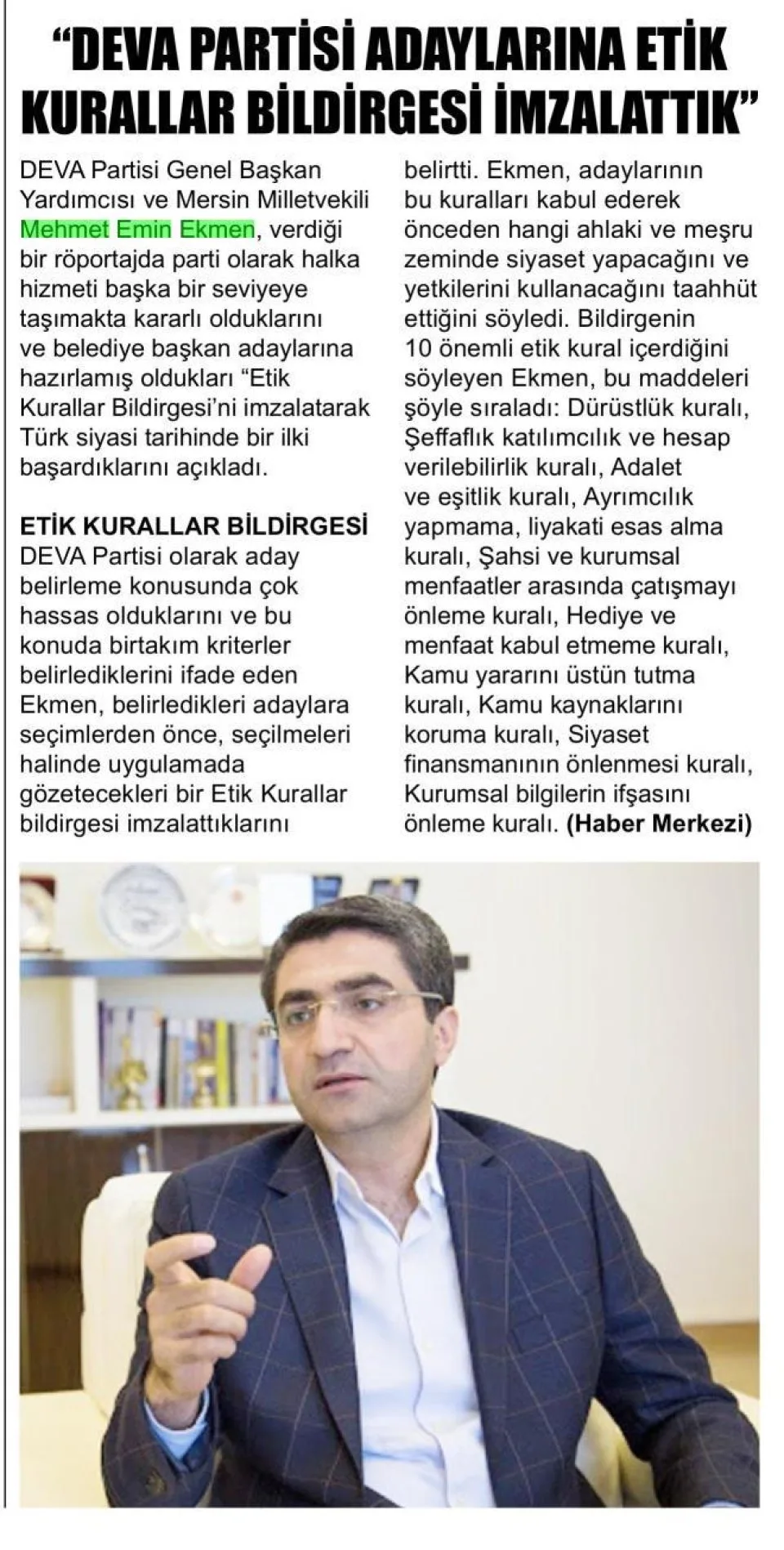 DEVA PARTİSİ ADAYLARINA ETIK KURALLAR BİLDİRGESİ İMZALATTIK — gazete kupürü
