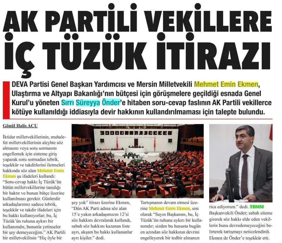 AK PARTİLİ VEKİLLERE İÇ TÜZÜK İTİRAZI — gazete kupürü