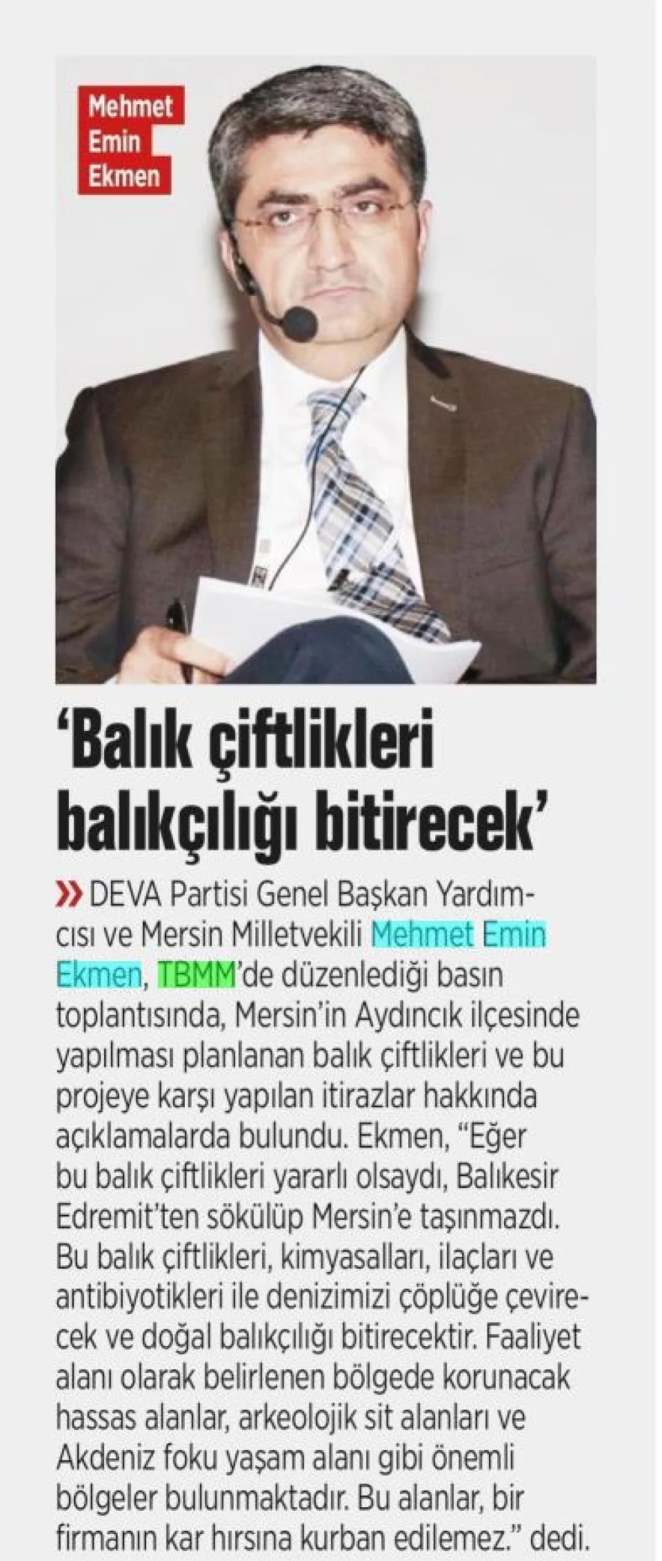 'BALIK ÇİFTLİKLERİ BALIKÇILIĞI BİTİRECEK' — gazete kupürü