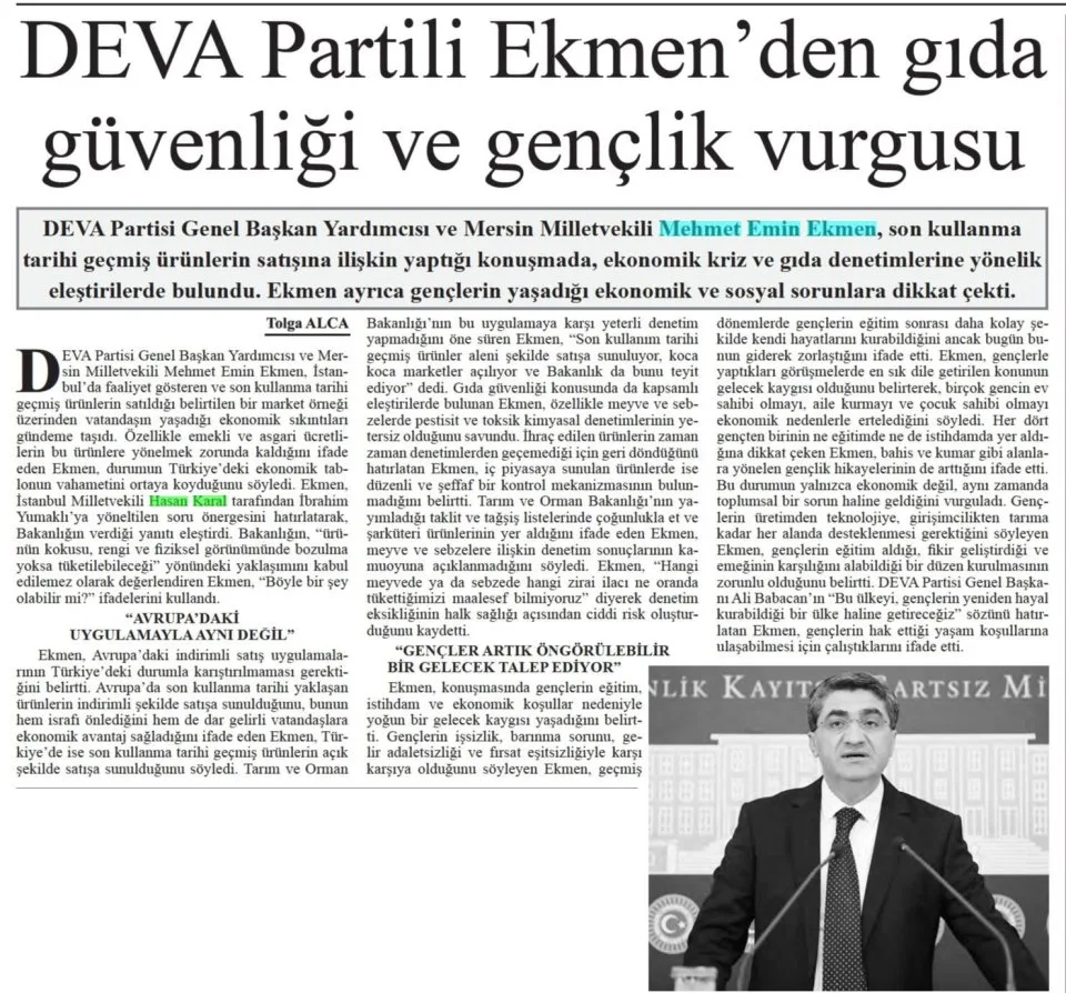 DEVA PARTİLİ EKMEN'DEN GIDA GÜVENLİĞİ VE GENÇLİK VURGUSU — gazete kupürü