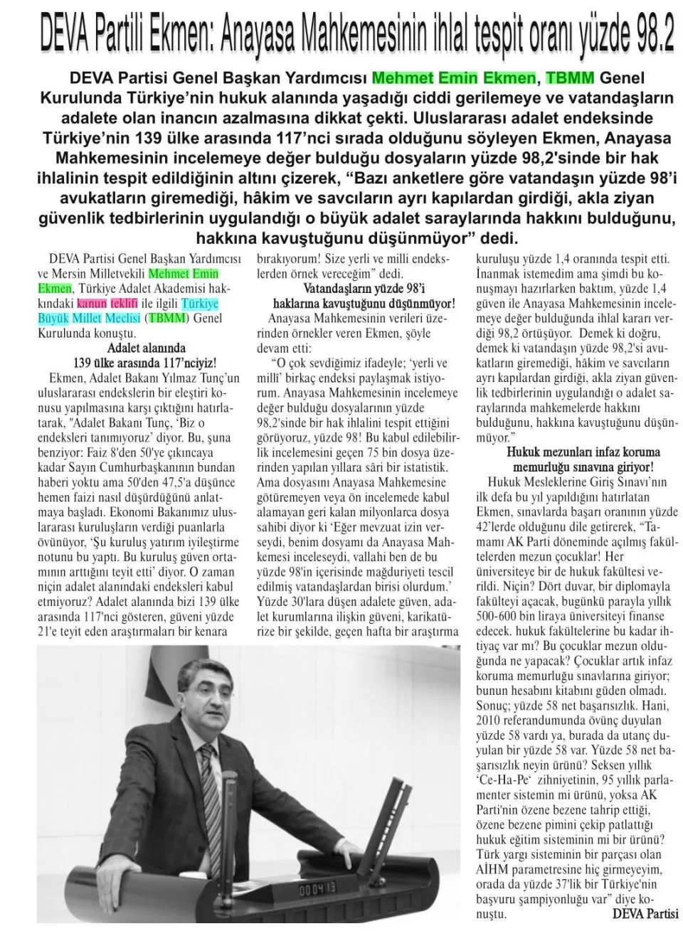 DEVA PARTİLİ EKMEN: ANAYASA MAHKEMESİNİN İHLAL TESPİT ORANI YÜZDE 98.2 — gazete kupürü