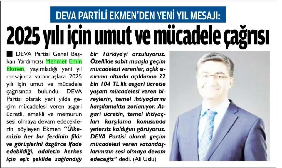 2025 YILI İÇİN UMUT VE MÜCADELE ÇAĞRISI — gazete kupürü