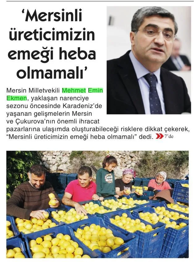 'MERSİNLİ ÜRETİCİMİZİN EMEĞİ HEBA OLMAMALI" — gazete kupürü