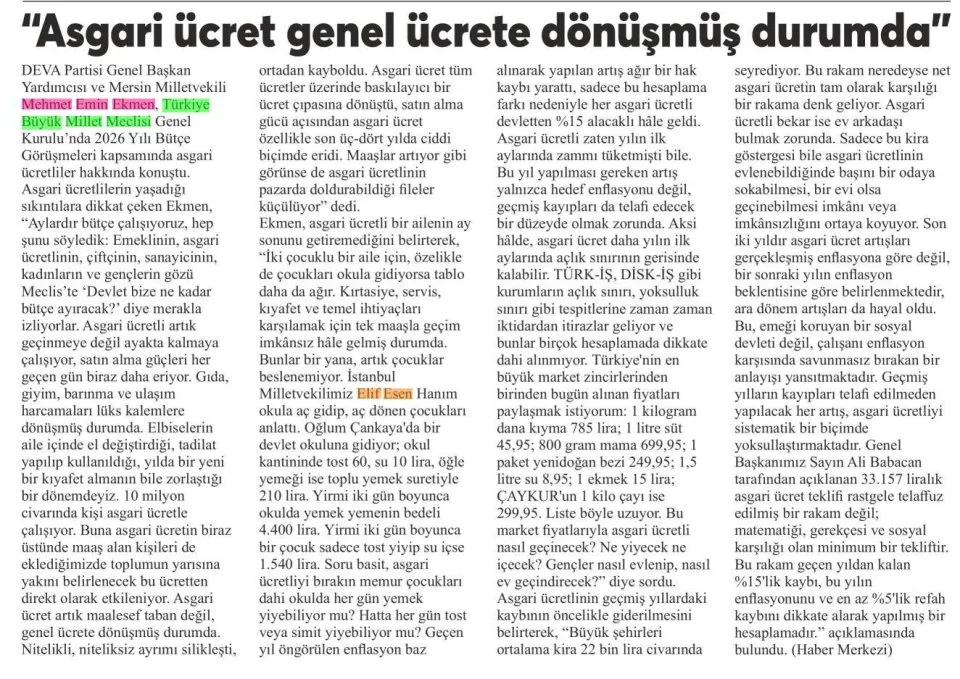 'ASGARİ ÜCRET GENEL ÜCRETE DÖNÜŞMÜŞ DURUMDA" — gazete kupürü
