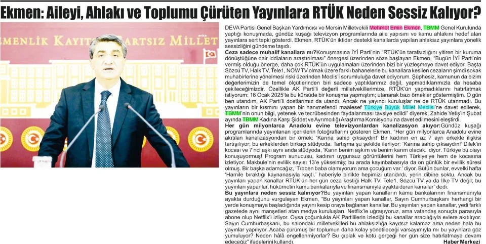 EKMEN AİLEYİ AHLAKI VE TOPLUMU ÇÜRÜTEN YAYINLARA RTÜK NEDEN SESSİZ KALIYOR — gazete kupürü