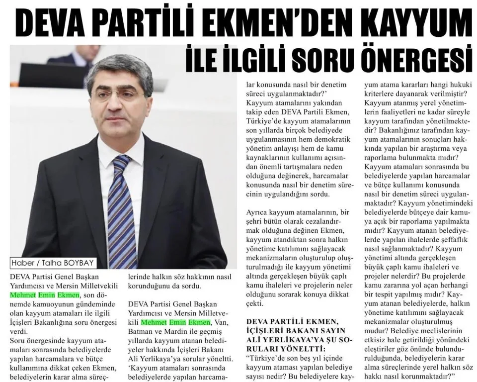 DEVA PARTİLİ EKMENDEN KAYYUM İLE İLGİLİ SORU ÖNERGESİ — gazete kupürü