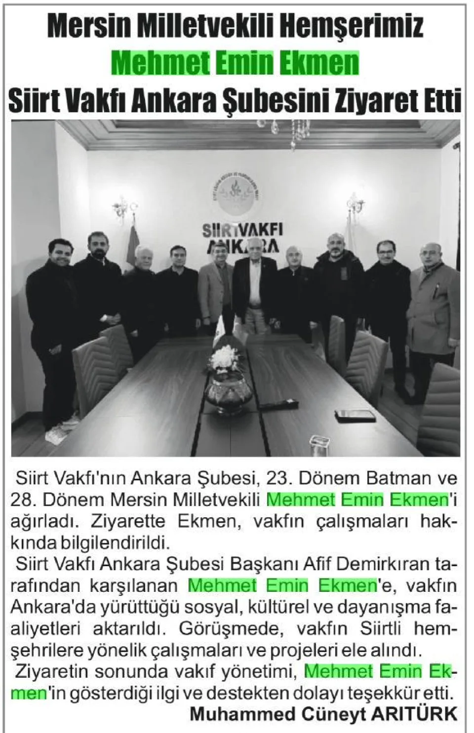 MERSİN MİLLETVEKİLİ HEMŞERİMİZ MEHMET EMİN EKMEN SİİRT VAKFI ANKARA ŞUBESİNİ ZİYARET ETTİ — gazete kupürü