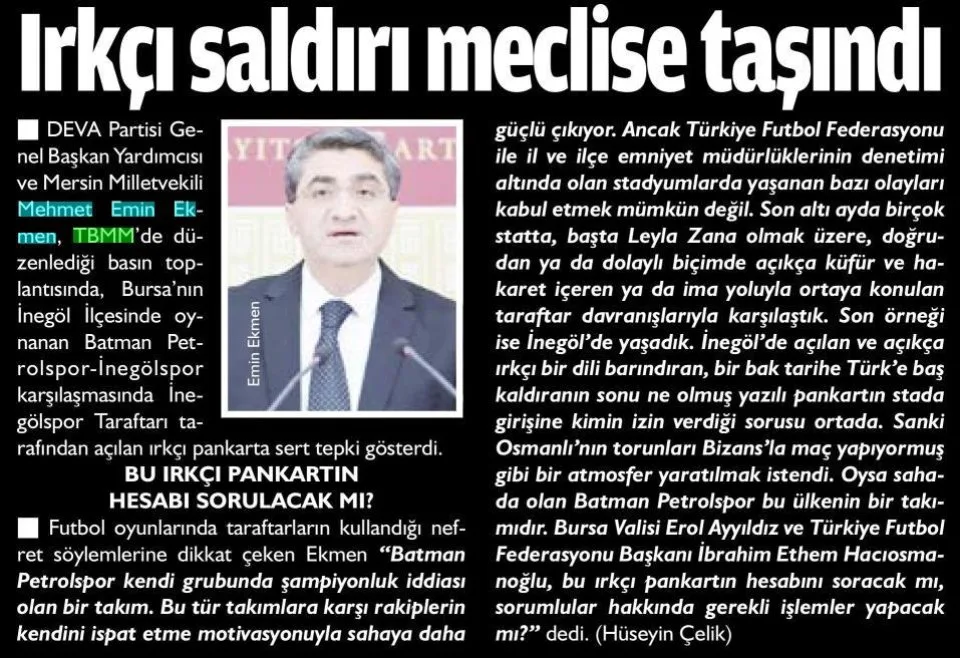 IRKÇI SALDIRI MECLİSE TAŞINDI — gazete kupürü