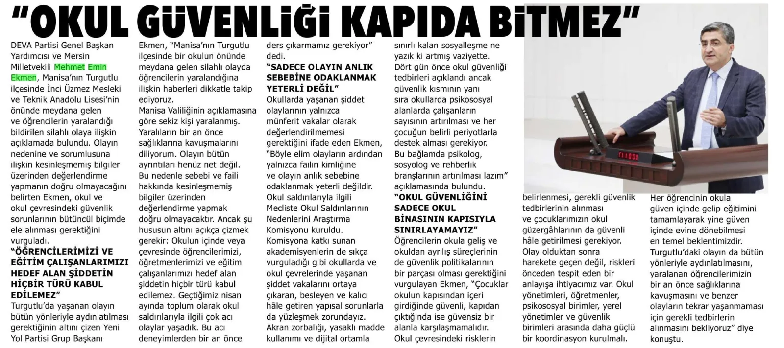 'OKUL GÜVENLİĞİ KAPIDA BİTMEZ' — gazete kupürü (2. parça)