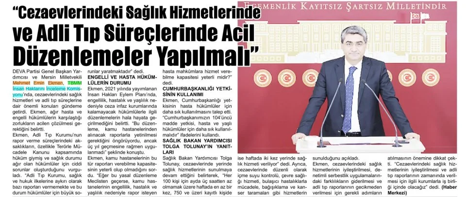 CEZAEVLERİNDEKİ SAĞLIK HİZMETLERİNDE ACİL DÜZENLEMELER YAPILMALI — gazete kupürü