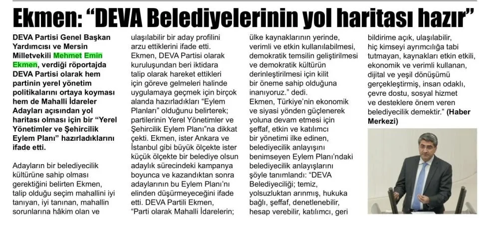 EKMEN: DEVA BELEDİYELERİNİN YOL HARİTASI HAZIR — gazete kupürü