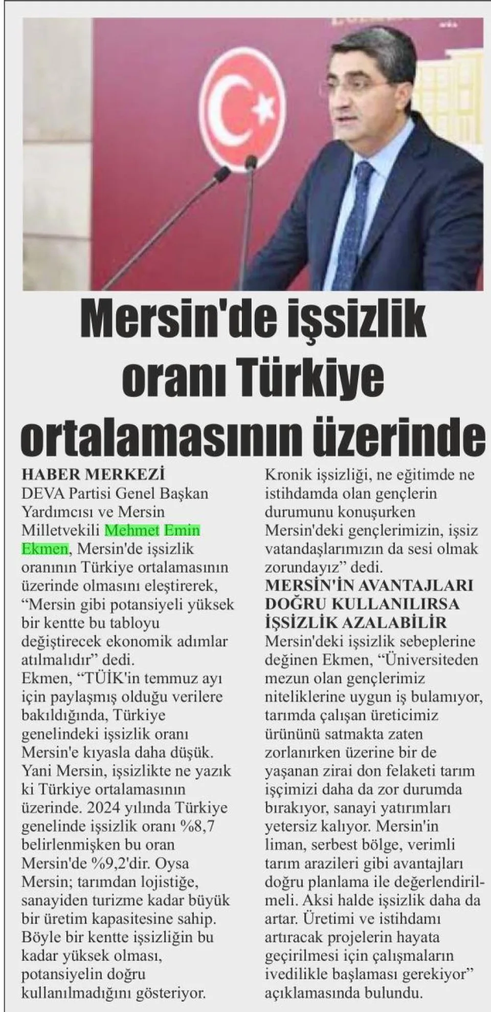 MERSİN'DE İŞSİZLİK ORANI TÜRKİYE ORTALAMASININ ÜZERİNDE — gazete kupürü