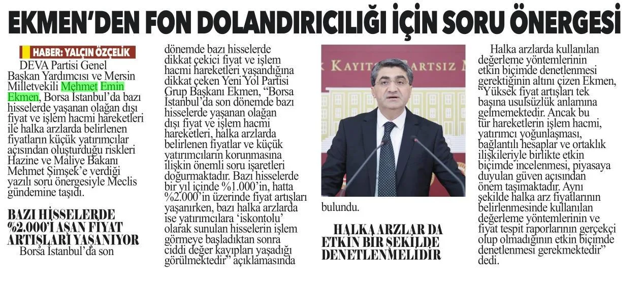 EKMEN'DEN FON DOLANDIRICIĞI İÇİN SORU ÖNERGESİ — gazete kupürü (2. parça)