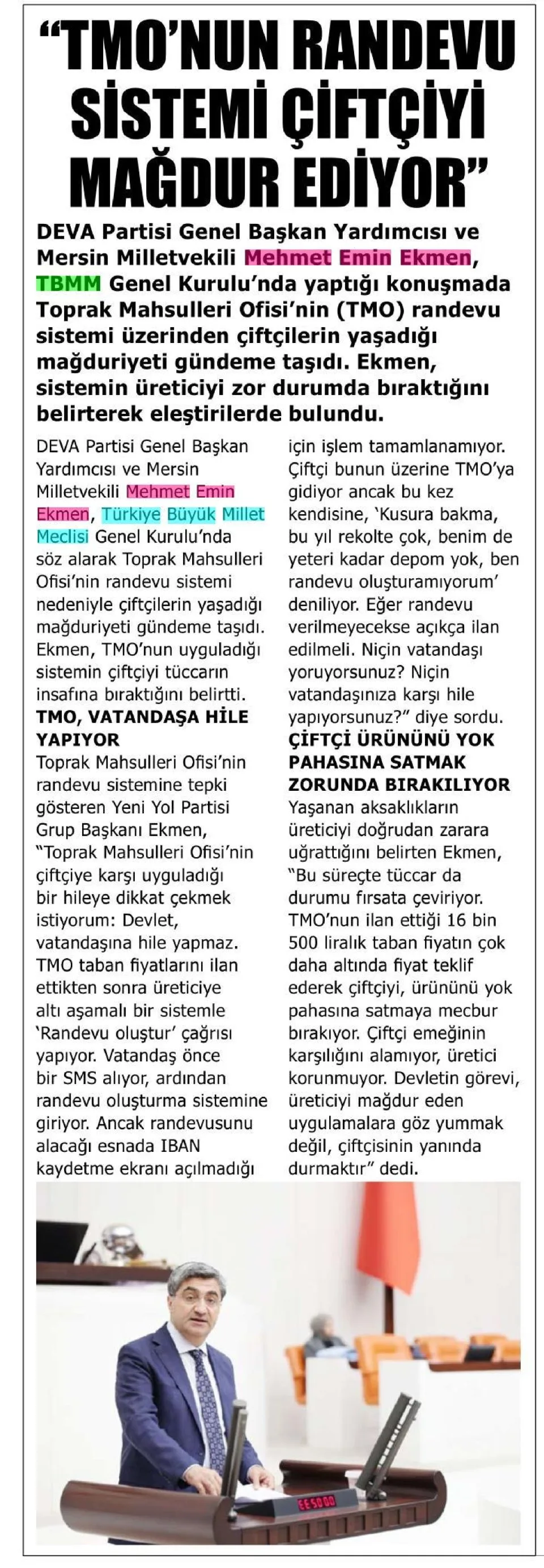 ''TMO'NÜN RANDEVU SİSTEMİ ÇİFTÇİYİ MAĞDUR EDİYOR" — gazete kupürü