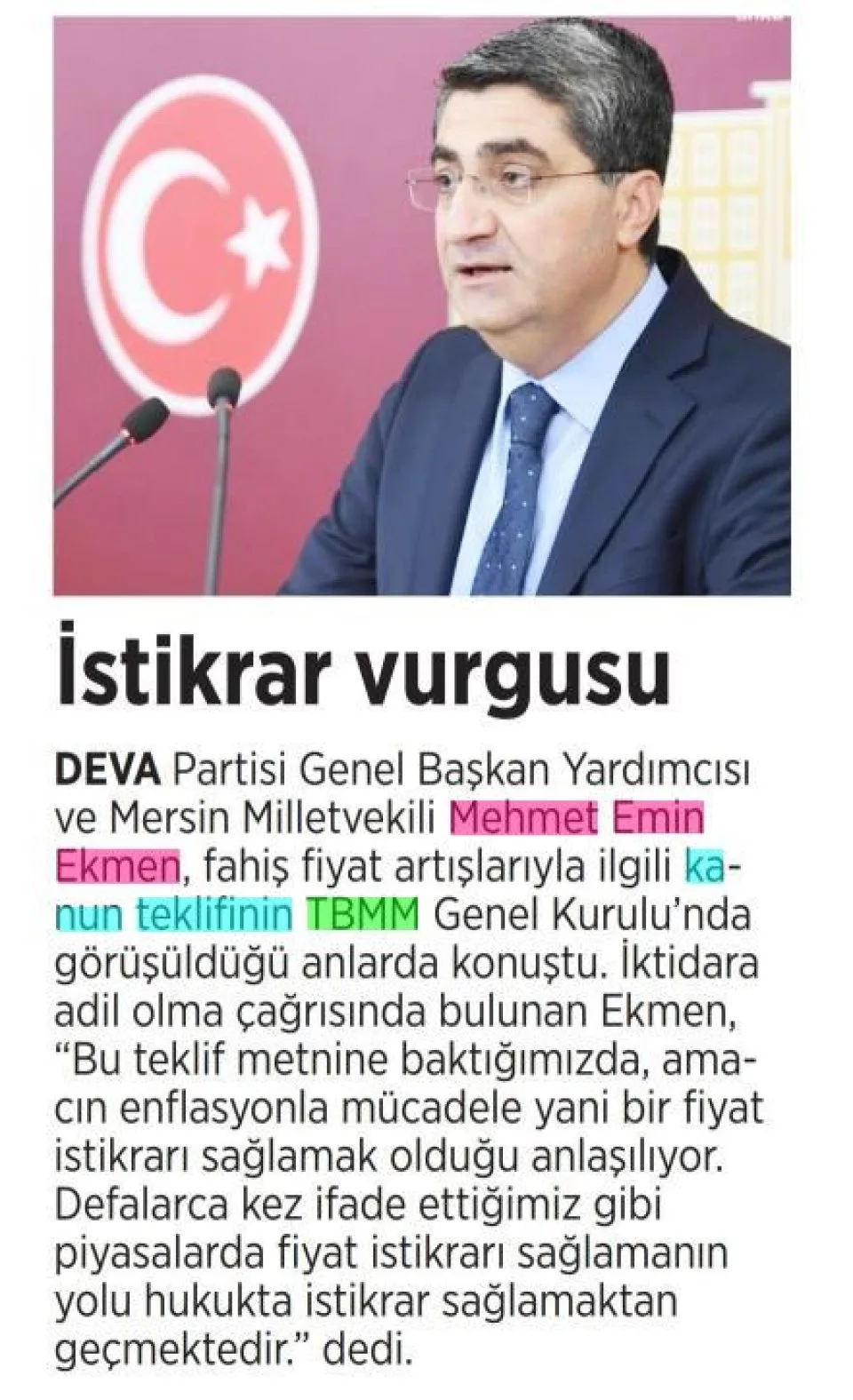 İSTİKRAR VURGUSU — gazete kupürü