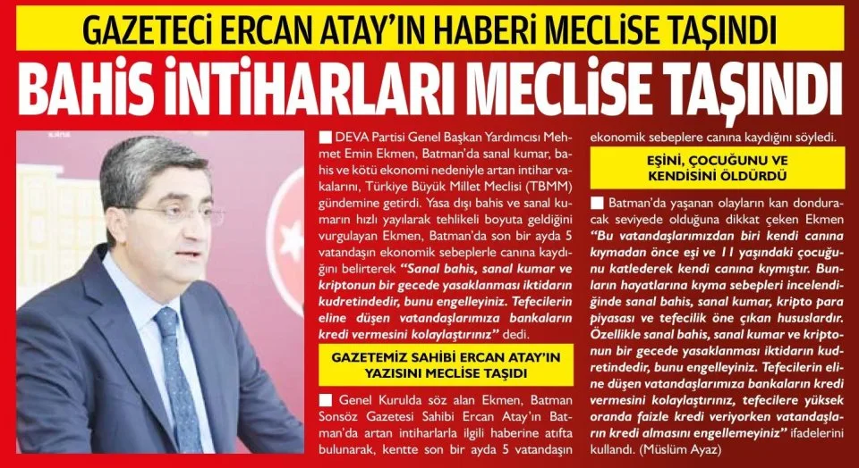 GAZETECİ ERCAN ATAY'IN HABERİ MECLİSE TAŞINDI — gazete kupürü