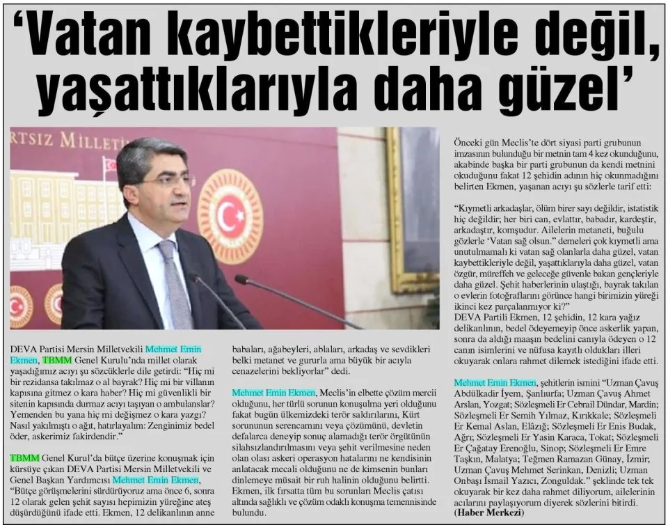 'VATAN KAYBETTİKLERİYLE DEĞİL, YAŞATTIKLARIYLA DAHA GÜZEL' — gazete kupürü