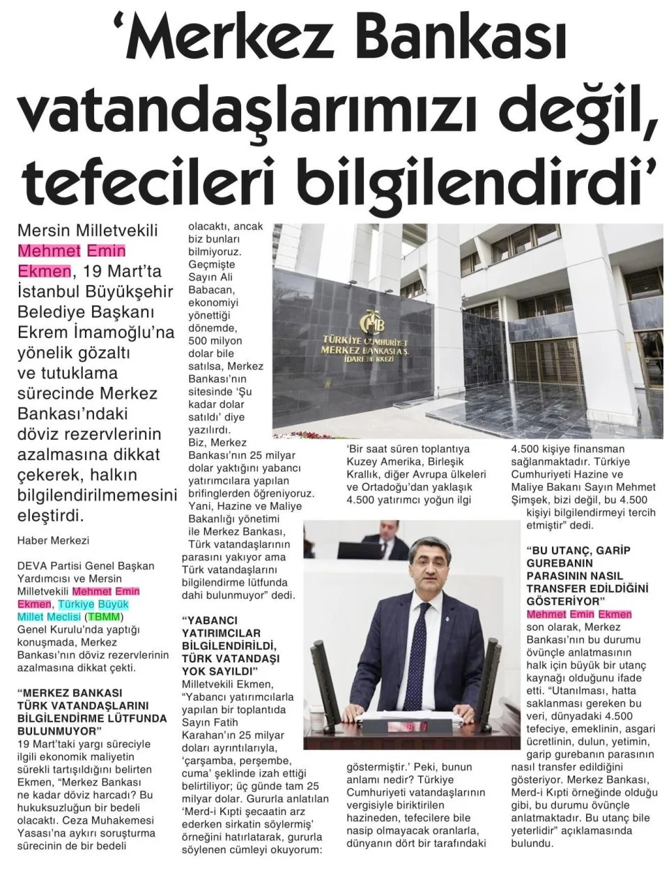 'MERKEZ BANKASI VATANDAŞLARIMIZI DEĞİL, TEFECİLERİ BİLGİLENDİRDİ! — gazete kupürü