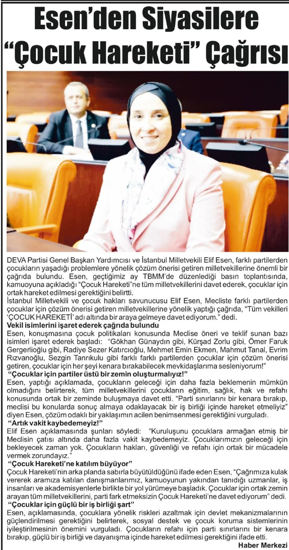 ESEN'DEN SİYASİLERE ÇOCUK HAREKETİ" ÇAĞRISI — gazete kupürü