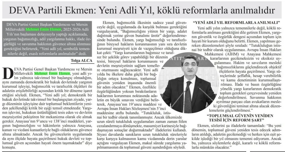 DEVA PARTİLİ EKMEN: YENİ ADLİ YIL KÖKLÜ REFORMLARLA ANILMALIDIR — gazete kupürü