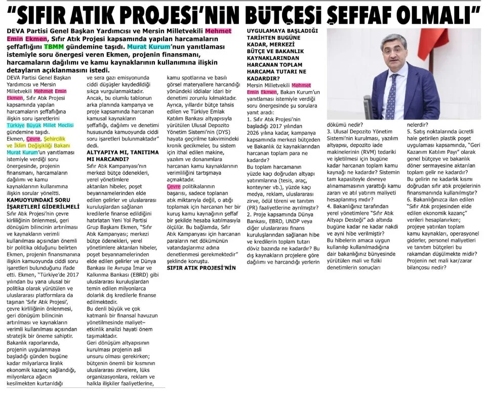 "SIFIR ATIK PROJESİ'NİN BÜTÇESİ ŞEFFAF OLMALI" — gazete kupürü