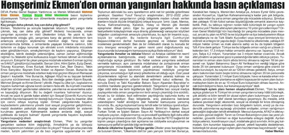 HEMŞERİMİZ EKMEN'DEN ORMAN YANGINLARI HAKKINDA BASIN AÇIKLAMASI — gazete kupürü